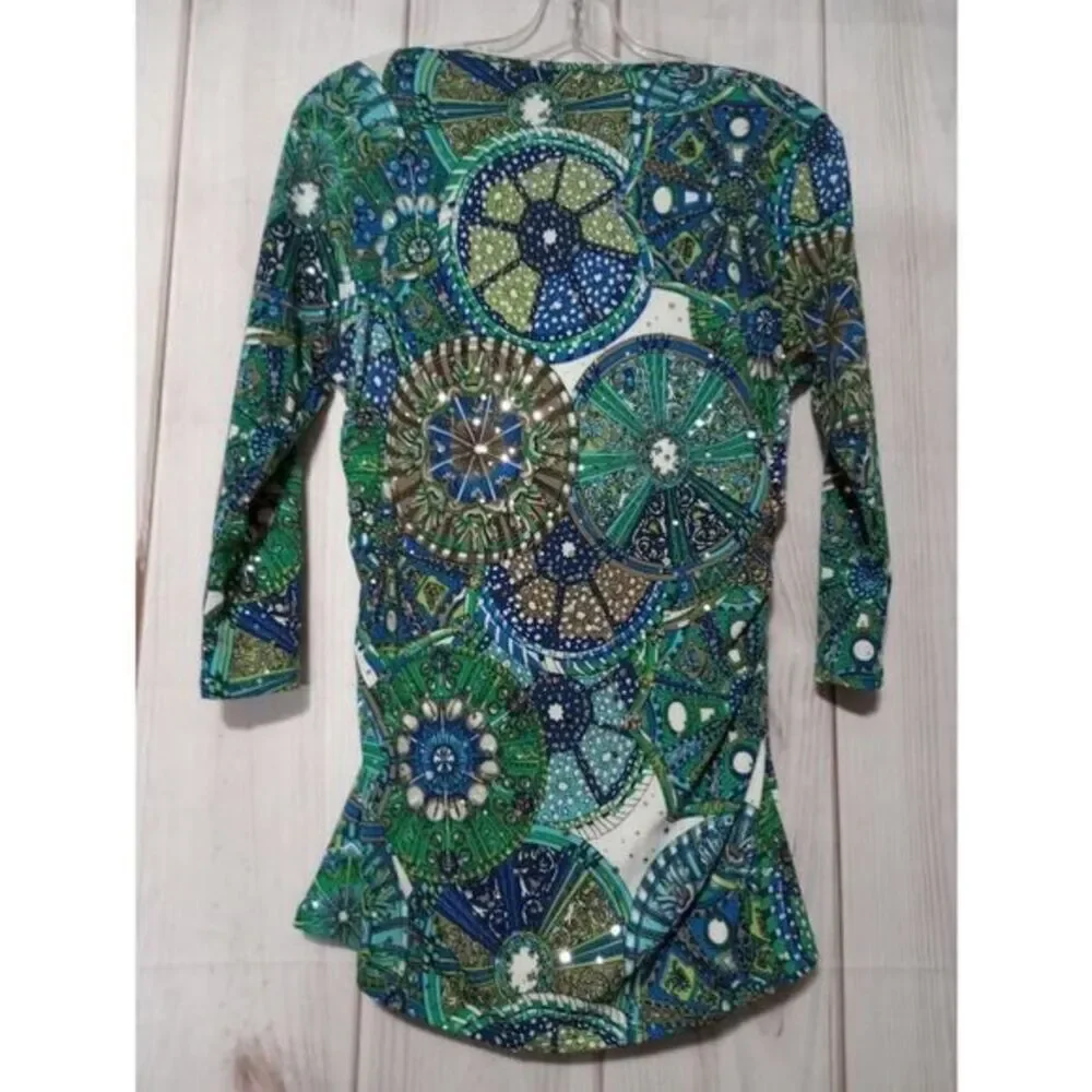 Carmen Marc Valvo Women‎ Green Blue Geometric Print Cowl Neck Sequin Blouse M - Picture 2 of 6
